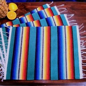 GROOVY GLAM Serape Teal Multicolored Southwestern Woven Cloth Placemats Set of 4